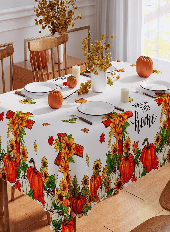 Siilues Fall Tablecloth 60x84 Inch Rectangle, Cross Pumpkins Table Cloth Seasonal Autumn Bless This Home Home Decor Waterproof Scalloped Edge Picnic Dining Table Cover - Image 2